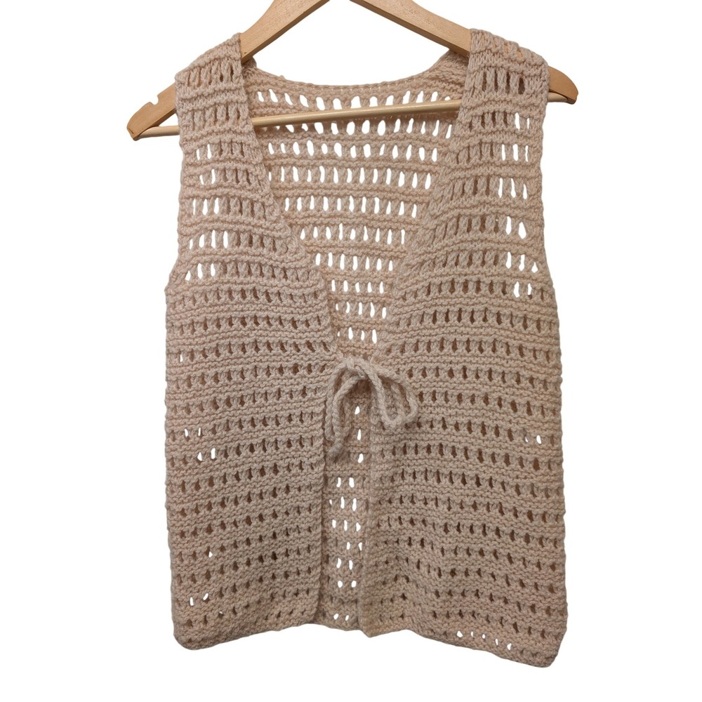 Handmade Crochet Vest Sleeveless Tie Front Open‎ Knit Cottagecore Coquette Boho